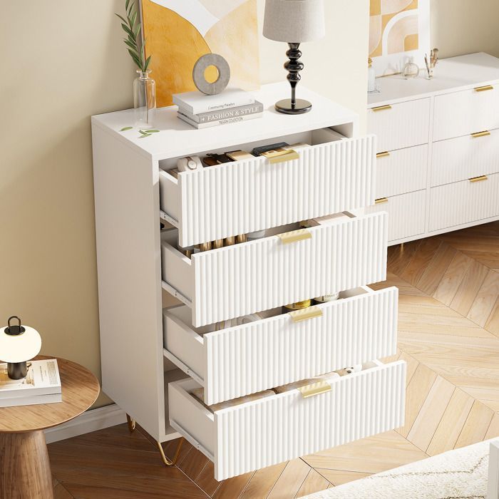 Cassettiera a 4 cassetti - LEWW - Design scandinavo - Cassettiera per camera da letto - 60x34x91 cm - Bianca