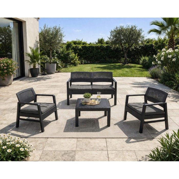 Salon de jardin Extérieur 4 personnes Gris Anthracite Canapé 2 places + 2 fauteuils + Table basse + 4 Coussins KZ GARDEN