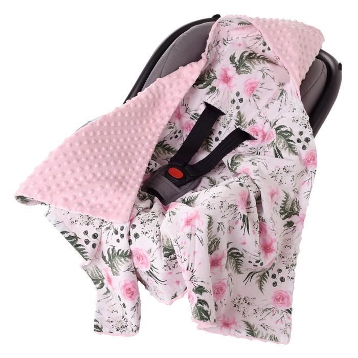 Funda para asiento de coche 100% algodón, 85x85cm, manta acogedora para cochecito (rosa claro con flores y tejido minky rosa claro).