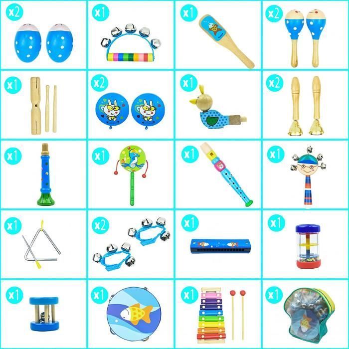 Set di strumenti musicali per bambini, composto da 25 pezzi di percussioni in legno con xilofono, tamburello, triangolo e altri strumenti.