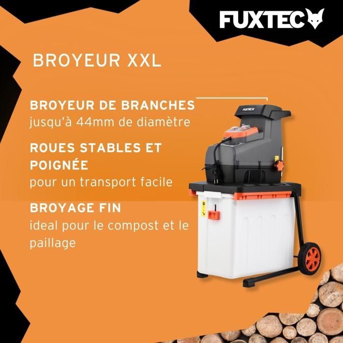 Trituradora eléctrica de jardín FUXTEC FX-EGH2800B de 2800 W, caja recolectora de 60 L, capacidad de corte de ramas de 44 mm de diámetro, IPX4