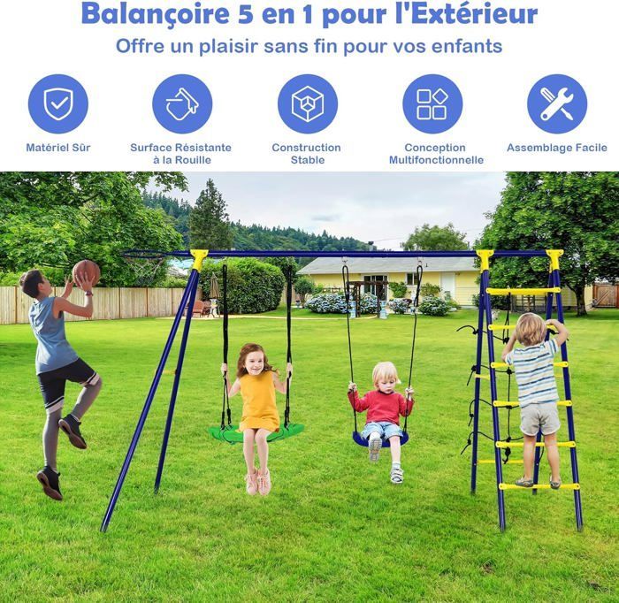 Columpio infantil COSTWAY con 2 columpios (5 en 1), aro de baloncesto, red para trepar y 1 escalera de escalada (en forma de A) - Capacidad de carga de 75 kg