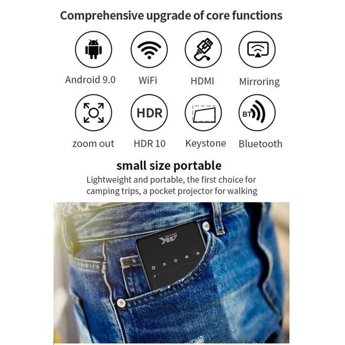Proiettore mini portatile Android 4K Pico YONIS, proiettore Wi-Fi intelligente + scheda SD da 128 GB, nero