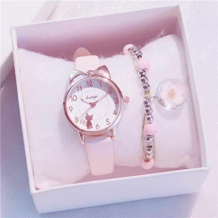 Conjunto de regalo de reloj y pulsera para niñas - Regalo infantil - Lindo gato, cuarzo resistente al agua, rosa