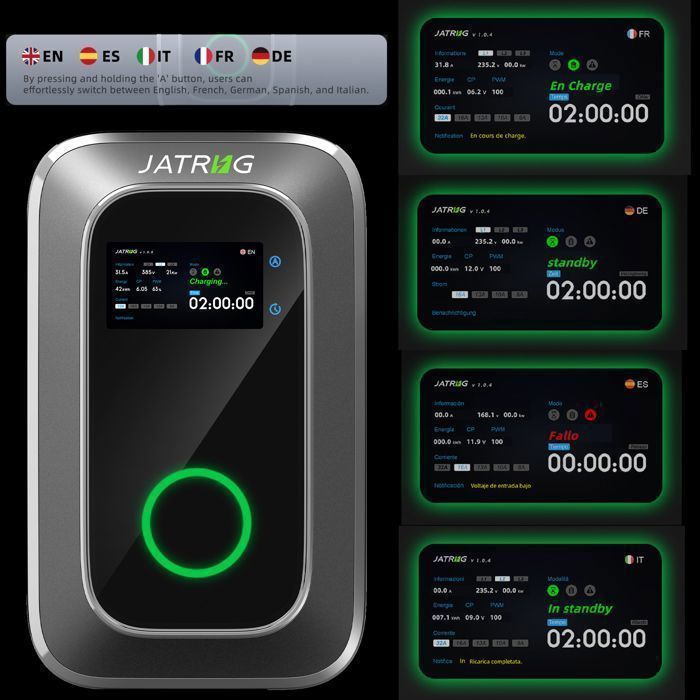 Estação de carregamento para veículos elétricos JATRHG S1, 22 kW, 32 A, cabo de 8 m, programação de carregamento e ajuste de corrente.