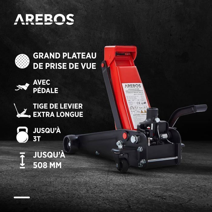 AREBOS 3T hydraulisk jekk | Innfelt høyde 130–508 mm | 2 gummistøtter | 360° svingbar jekk med hjul