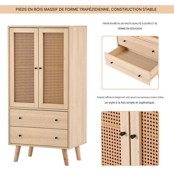Chest of drawers - NEXU - Scandinavian storage unit - Sideboard with 2 doors and 2 drawers - 60 x 40 x 120 cm - Wood color