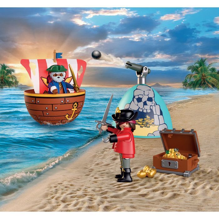 Playmobil 72100 Œuf 2en1 : L'Île aux Pirates, Les Pirates, 34 pièces, Cadeau à Pâques, dès 4 ans