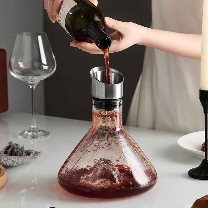 Decantador de vino tinto Iceberg con aireador, cristal, 1500 ml, acero inoxidable, boquilla antigoteo (transparente).