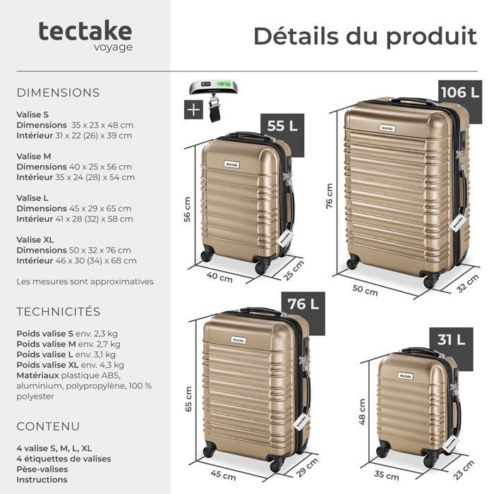 Kuffert - TECTAKE - MILA hårdkuffertsæt i ABS-plast 50 x 32 x 76 cm - Champagne