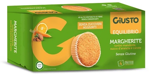 GIUSTO Giusto sem glúten balance Margherite 4 snacks biscoitos de amêndoa, suco de laranja e cenouras