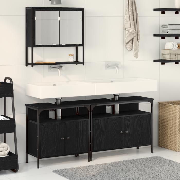 Conjunto de muebles de baño - Roble negro - 3 piezas - Madera de ingeniería - Elegancia chic