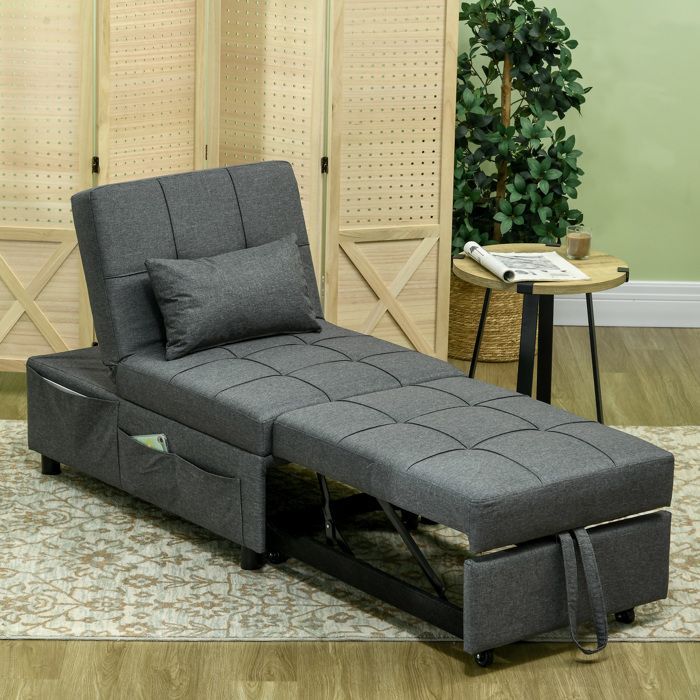 Sillón convertible de 1 plaza - HOMCOM - respaldo ajustable, asiento acolchado y almohada - para salón, dormitorio, despacho, gris