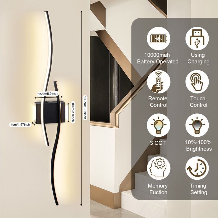 2 apliques LED modernos de pared, diseño curvo, recargables, temperatura de color ajustable de 3000 a 6000 K, control remoto para dormitorio, sala de estar o entrada.