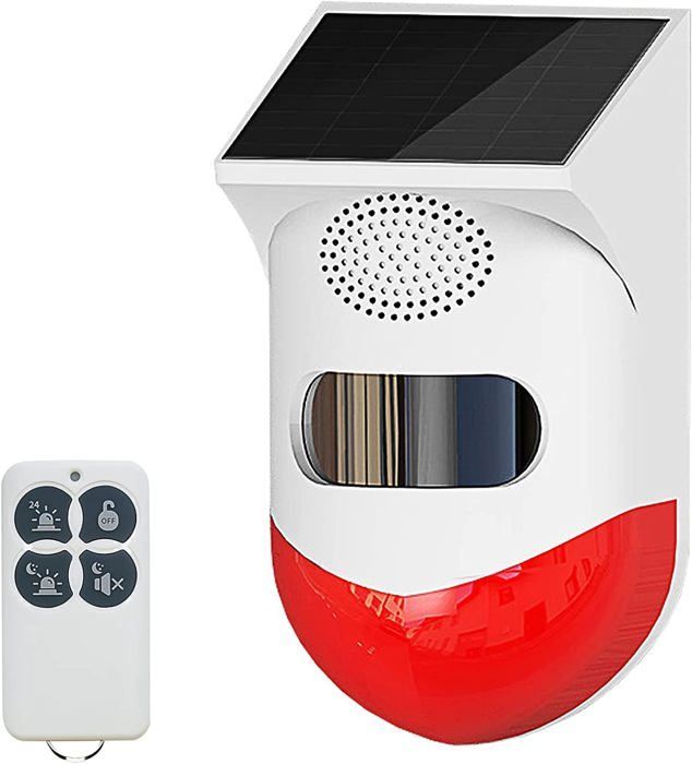 Alarma estroboscópica - Alimentación solar - 120 dB - Detector de movimiento - Resistencia al agua IP67 - 4 modos