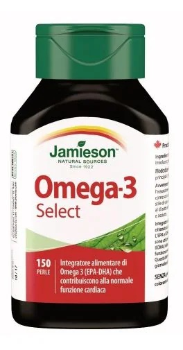 Jamieson Omega Select Omega-3 voedingssupplement met 150 capsules voor een goede hart- en gezichtsfunctie.