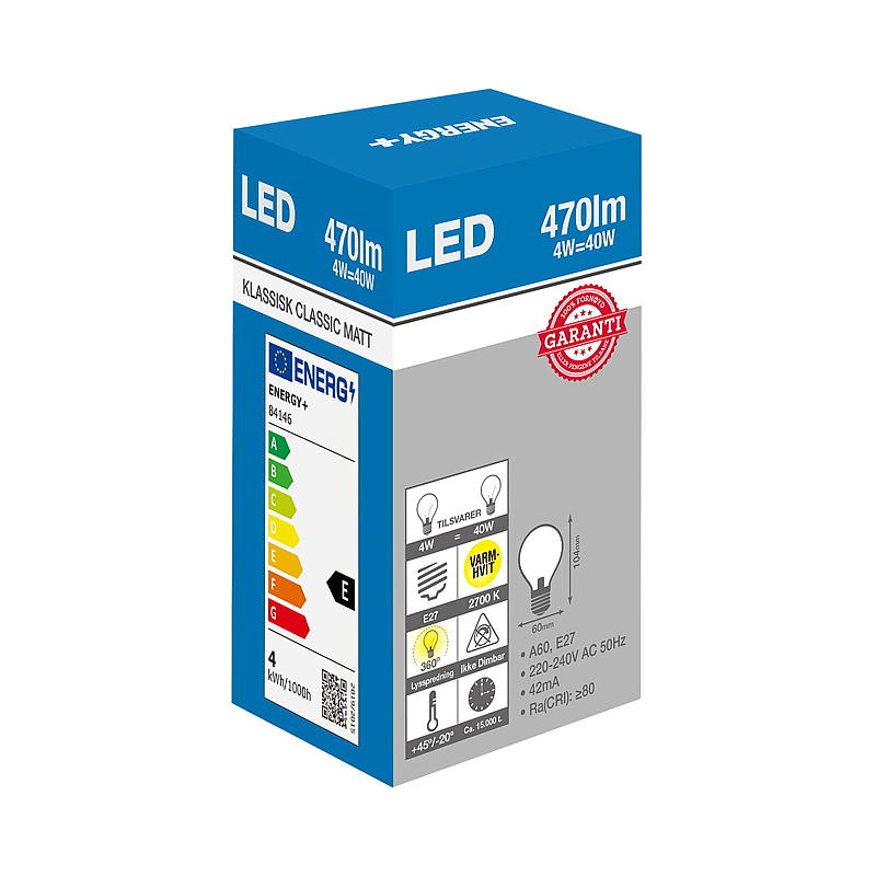 Energiansäästölamppu LED 470 lm Klassinen matta E27 A60 E