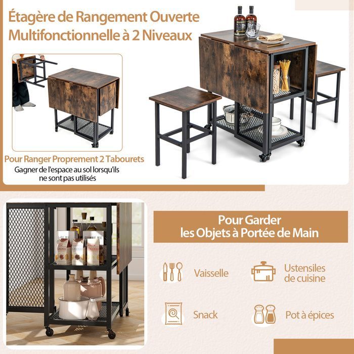 GIANTEX Ensemble de Table à Manger 3 Pièces- Table à Roulettes avec Plateau Pliante et 2 Tabourets- 2 Etagères- Cuisine, Salon