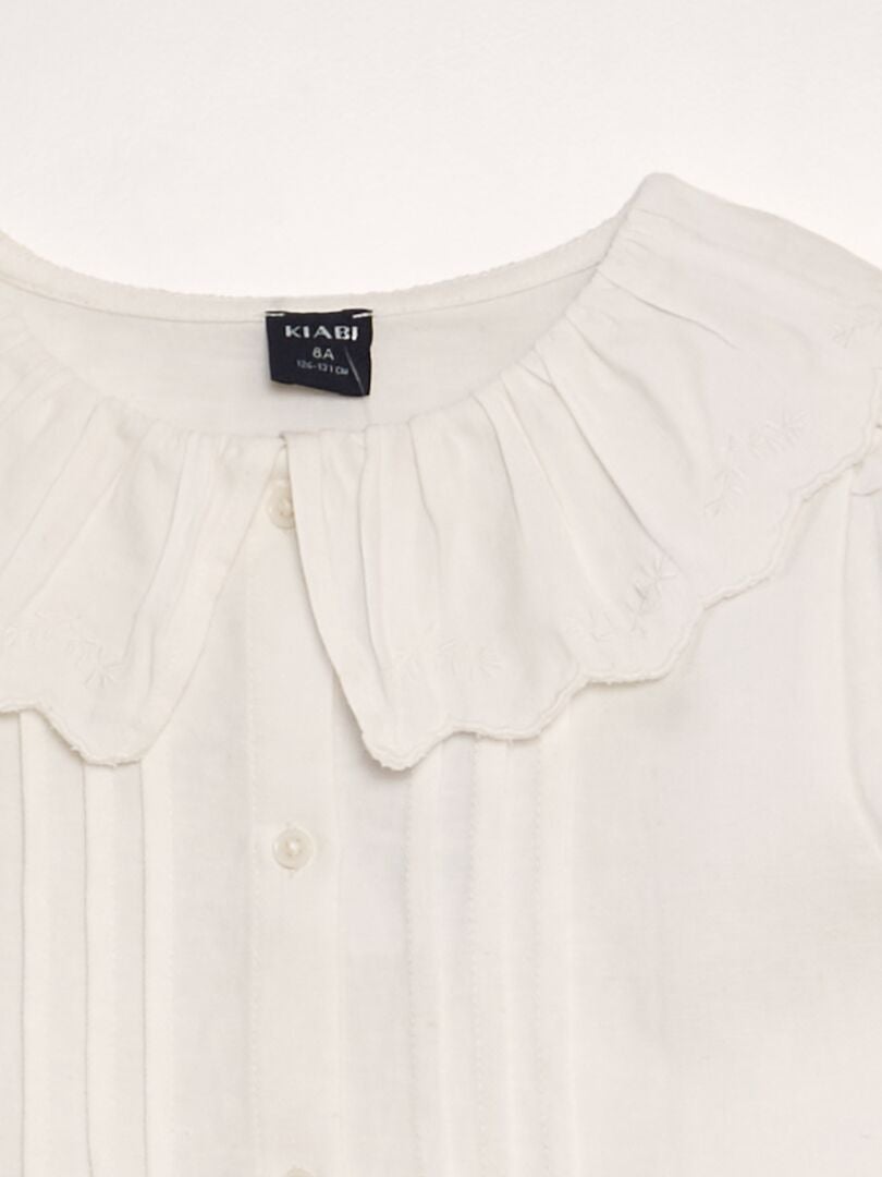 Blouse van katoen en linnen met gegolfde kraag - WIT