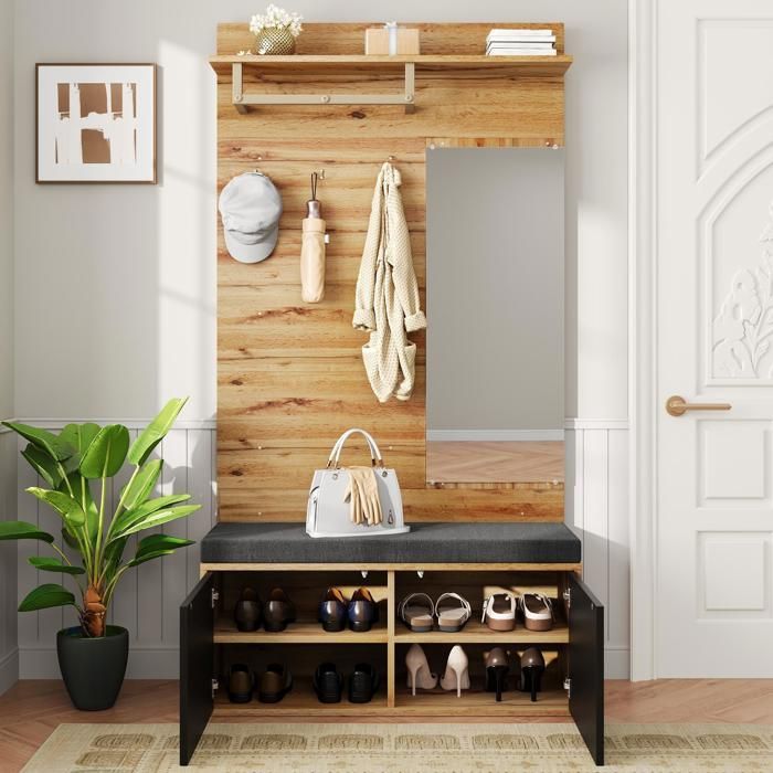 Mobile da ingresso in legno 100x38x190 cm con appendiabiti, specchio, panca imbottita, scarpiera e ripiani - Nero+Naturale