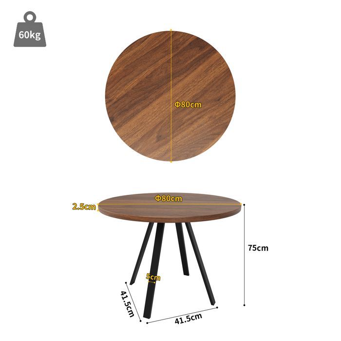 Table à manger ronde Set de 5 - 4 chaises en velours - 80x80 cm - Noir et noyer