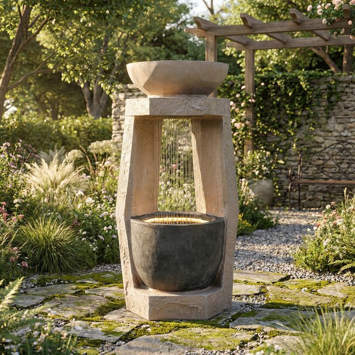 Fuente de jardín con iluminación LED - Aspecto de piedra natural - Bomba de agua integrada - Iluminación LED - 36,5 x 36 x 81,5 cm