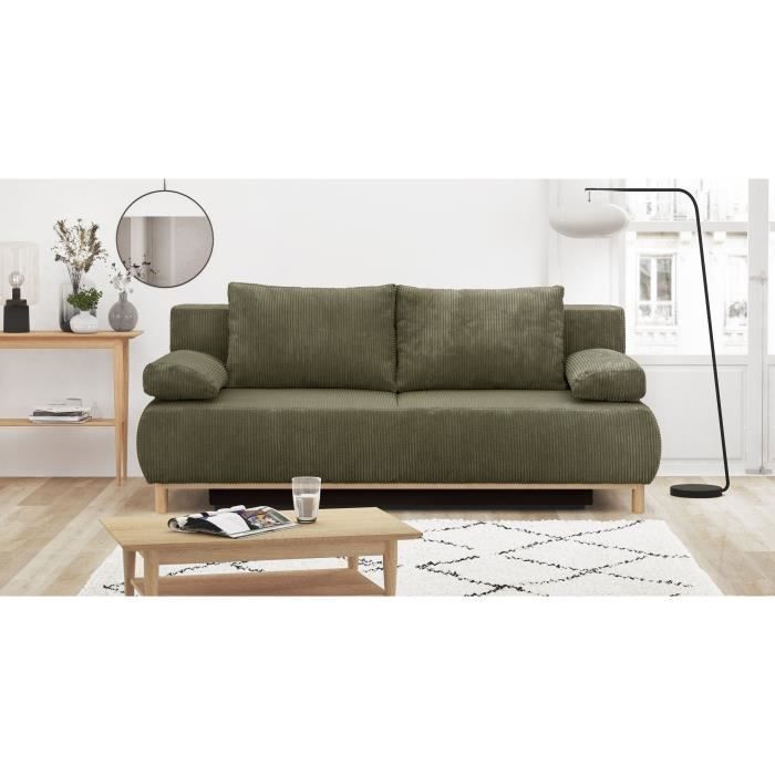 Sofá conversível de 3 lugares - MIKA - Veludo cotelê verde cáqui - Compartimento de armazenamento - L 192 x A 84 x P 93 cm