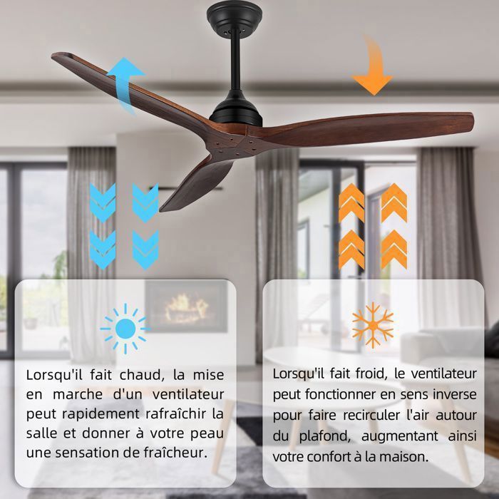 Ventilateur de Plafond Silencieux Réversible avec Télécommande KOTEZU, 132 cm Moteur CC avec 3 Pales en Bois Paulownia Naturel, 35W