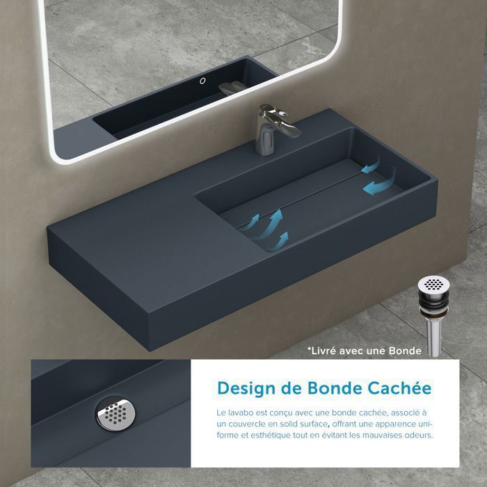 Lavabo mural doporro, gris mate/negro, 75 cm, lavabo de encimera con desagüe, lavabo rectangular, 75 x 43 x 13 cm, Colossum12-R