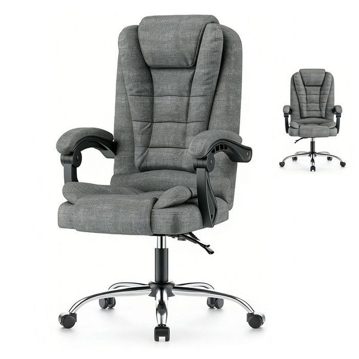 Silla de oficina BIGZZIA, sillón con asiento ancho acolchado, asiento ergonómico de tela de lino, altura ajustable 10 cm, gris oscuro.