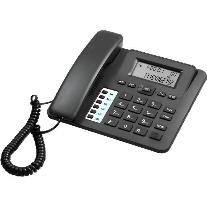 Teléfono fijo con cable, pantalla LCD, llamadas manos libres HD, marcación rápida, identificador de llamadas, color negro.
