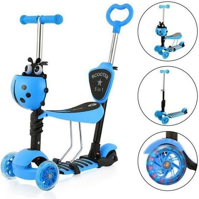 Yoleo 5-in-1 LED-step voor kinderen met 3 wielen, in hoogte verstelbare step, stuur achterop, blauw