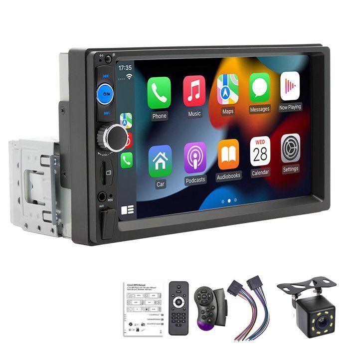 Autorradio 1 DIN, pantalla de 7 pulgadas, compatible con CarPlay por cable, Android Auto, Bluetooth, WiFi, GPS, FM, USB, controles en el volante, cámara de visión trasera.