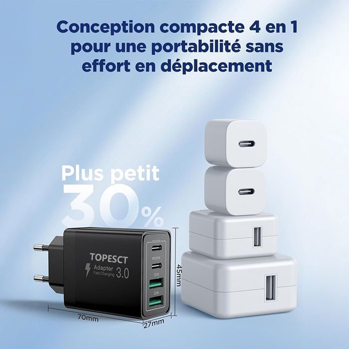 Carregador rápido USB-C de 40 W, carregador multi-USB de 4 portas com PD QC3.0, adaptador de energia USB-C compatível com iPhone -
