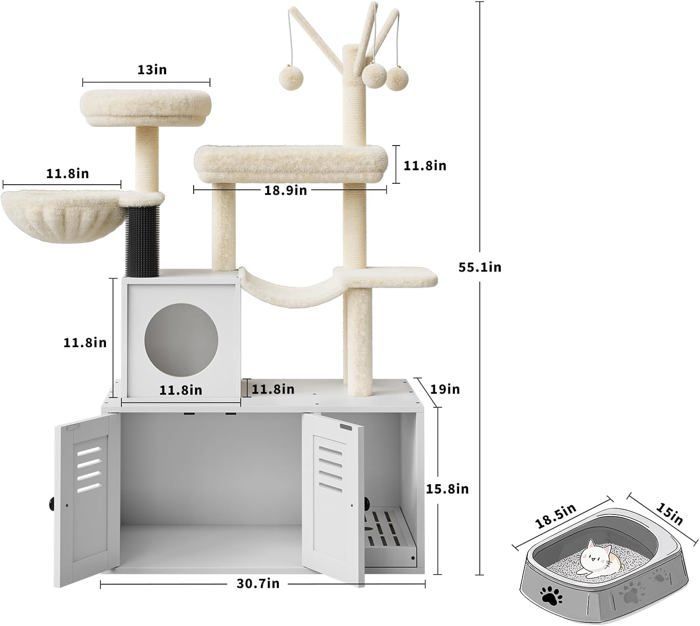 Árbol para gatos con arenero, unidad de baño de madera para gatos con torre, poste rascador, percha y plataformas - Blanco