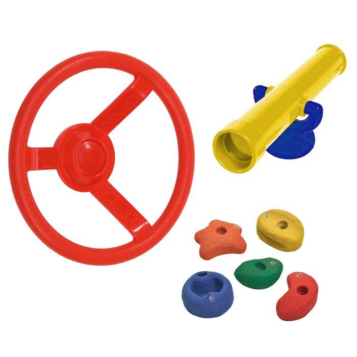 Conjunto básico de accesorios WICKEY para torre de juegos: volante, telescopio y 5 enchufes (para exteriores).