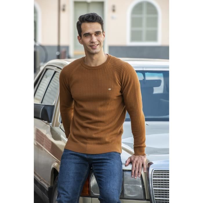 Jersey de hombre - FONDUPIN - Cuello redondo - Algodón - Estampado de cuadrícula - Azul marino