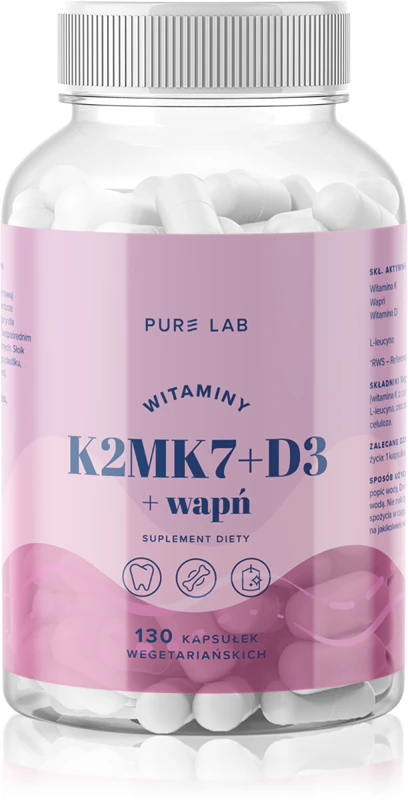 Cápsulas de suplemento alimentar Aura Herbals Pure Lab Vitamins K2MK7 + D3 + Cálcio para o bom funcionamento do sistema imunológico, saúde óssea e função muscular.