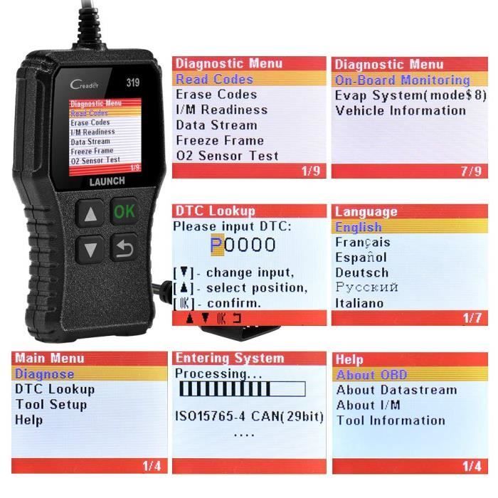 Scanner de diagnóstico automotivo OBD2 LAUNCH CR319 - Apaga códigos de erro - Multimarcas - Em francês