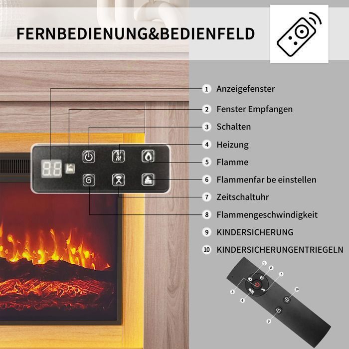 Chimenea eléctrica LUMINARIX con efecto de llama LED 3D, 1500 W, color roble, tamaño grande 101x34x88cm.