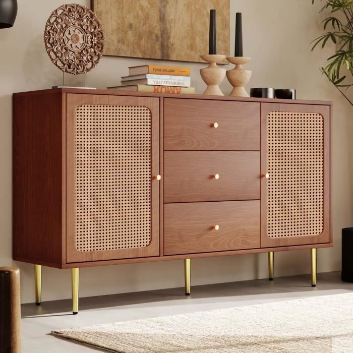 Sideboard mit 2 Türen und 3 Schubladen, lackierte MDF-Platte und Naturrattan-Geflecht – B 150 x T 40 x H 90 cm, Metallbeine, Nussbaum