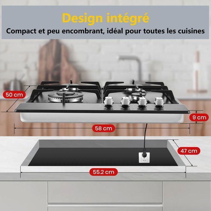 Gaskookplaat - 8060W - Inbouwgaskookplaat met 4 branders - Zwart glas - Aardgas/propaan - 60 cm gaskookplaat