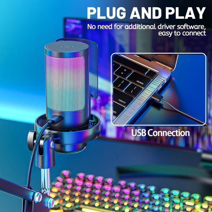 Condenser Microphone, RGB 24-bit/192 kHz, with Pop Filter/Mute/Gain/Monitor/Microphone Arm - Black - for PS4, Laptop, PS5, Mac OS