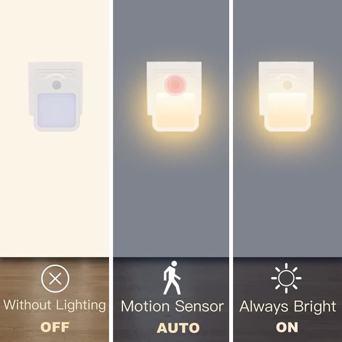 Pack de 2 Veilleuse LED Prise Electrique avec 3 Modes d'éclairage avec Detecteur Mouvement pour Chambre, salle de bain, Cuisine