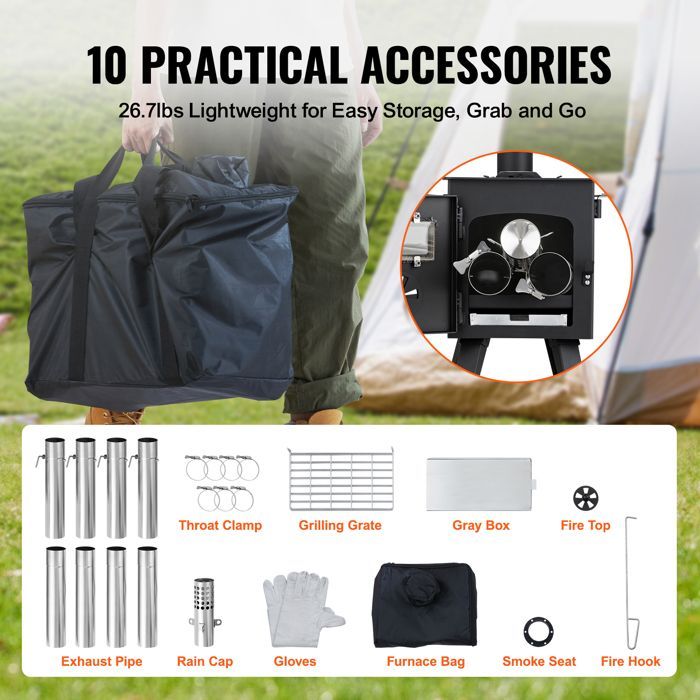 Portable Wood Stove - DUOKU - 86 in - Alloy Steel - 1400 cu in Firebox - 8 Chimney Pipes