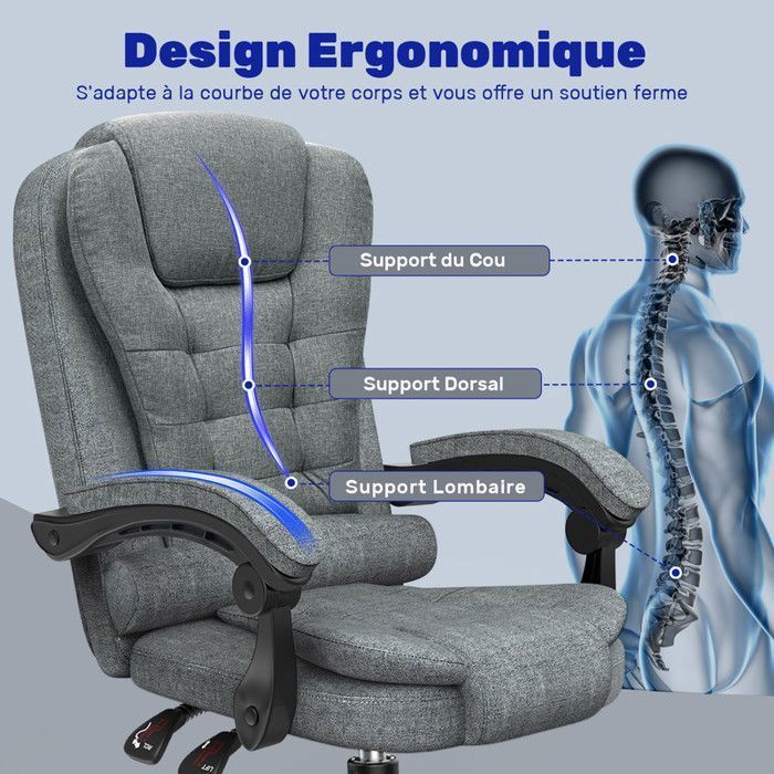 Silla de oficina ergonómica - Silla de oficina Rattantree - Altura regulable - Giratoria - Acolchado doble grueso - Gris oscuro