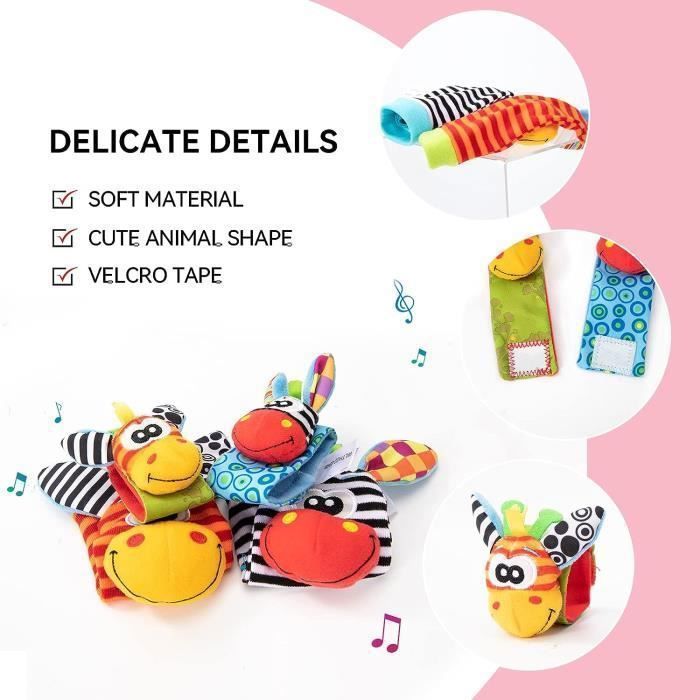 Hochet bébé, Bébé Poignet et Chaussettes Hochet, jouet eveil bebe montessori - Motif Animal Mignon Idéal Cadeau - 0 à 12 Mois