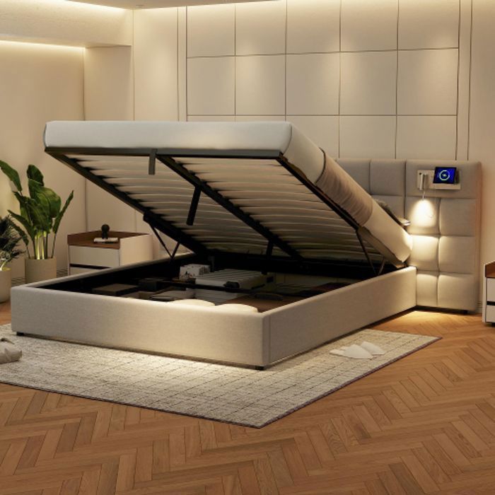 Cama doble - LANGTU - Cama tapizada - 180x200 cm - Puerto USB y carga inalámbrica - Almacenamiento hidráulico