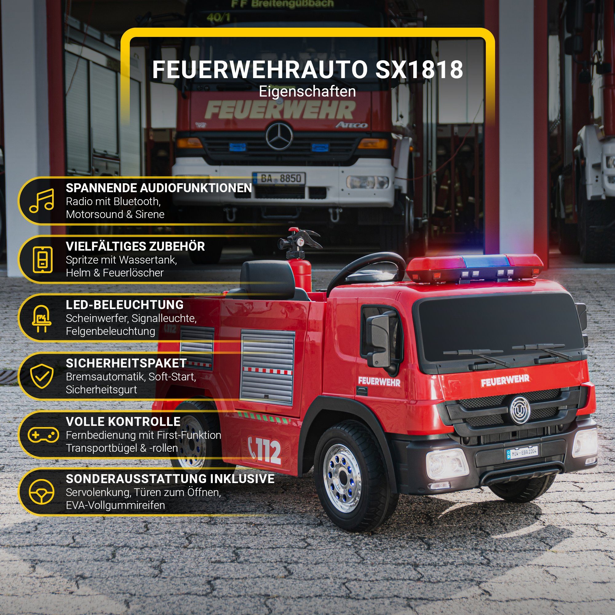 Actionbikes Motors Elektrische Brandweerwagen SX1818 voor Kinderen - Afstandsbediening - Watersproeier, Draagvermogen 40 kg, (4-delige set), Speelgoedvoertuig voor Kinderen vanaf 3 jaar, Elektrisch - Sirene & Bluetooth