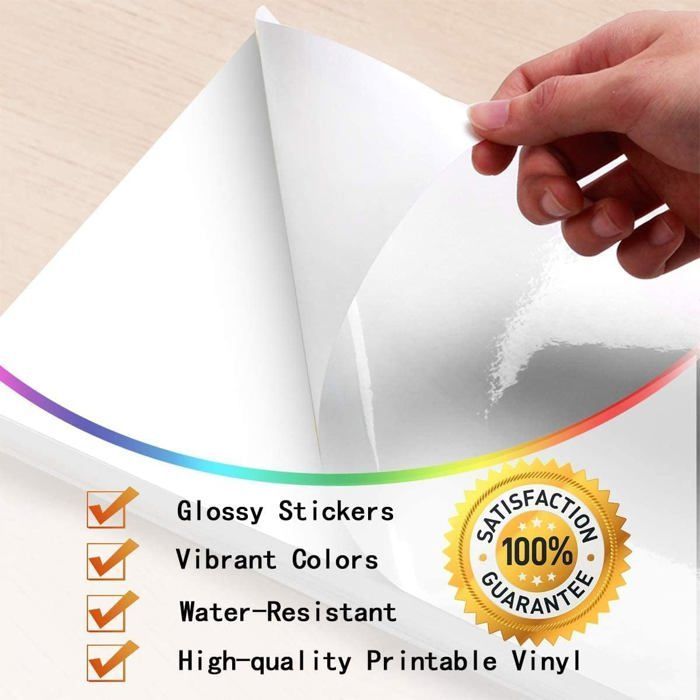Lot de 20 feuilles de papier autocollant en vinyle imprimable pour imprimante à jet d'encre, blanc brillant, imperméable
